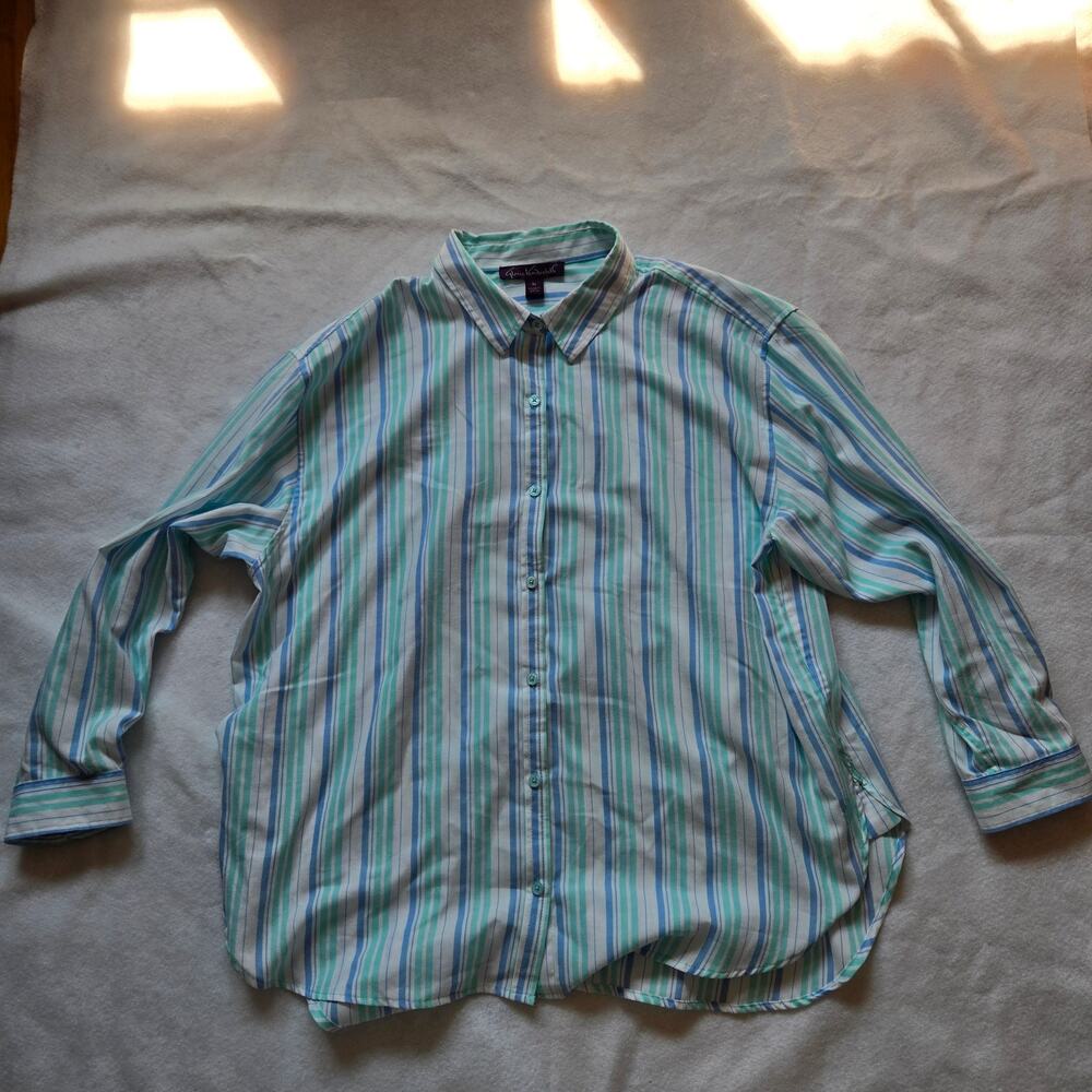 Gloria Vanderbilt Women's Button Down Shirt Striped Aquamarine, Blue, White, XL